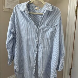 Blue and White Linen Striped Button Down